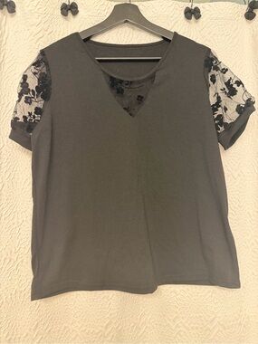 SHEIN Black Short Sleeve Top with Floral Mesh Insets
